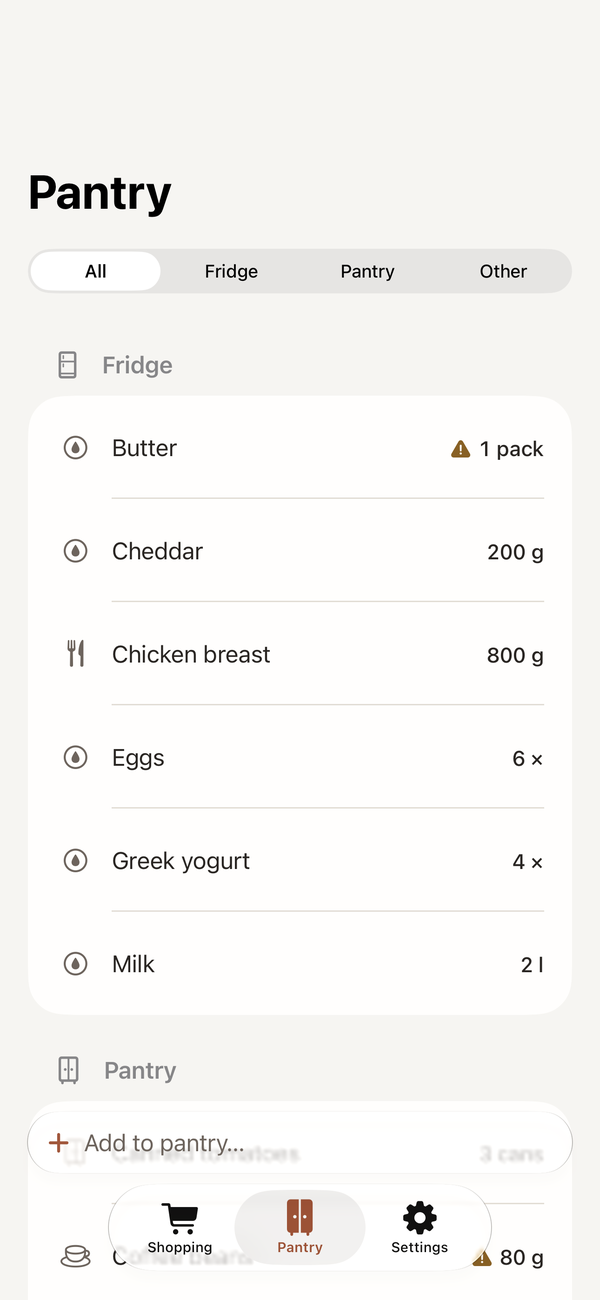 The pantry on iPhone, organised into Fridge and Pantry