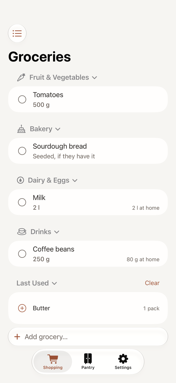The shopping list on iPhone, grouped by category, with the Add grocery field at the bottom